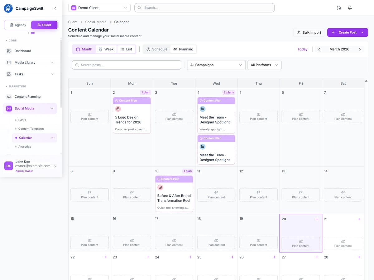 The CampaignSwift content calendar in planning mode
