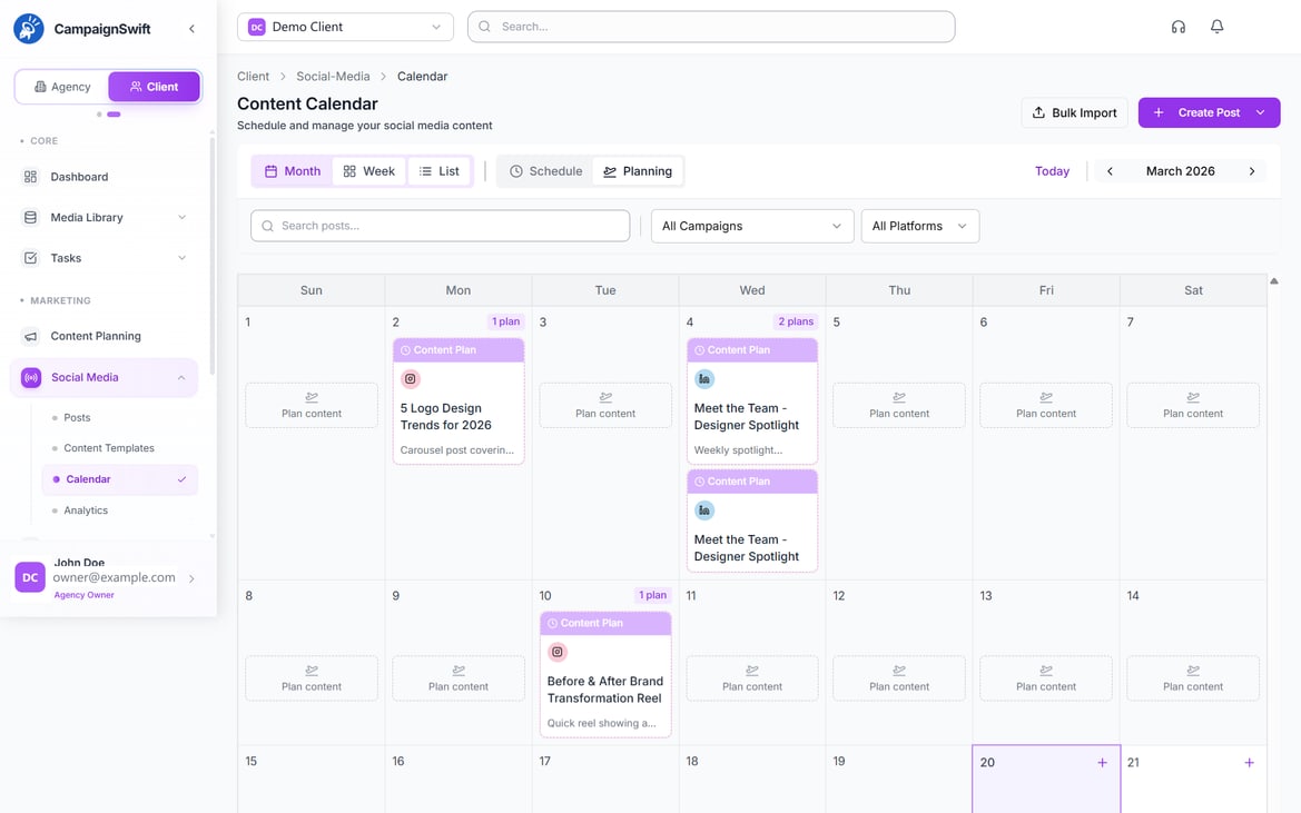 The CampaignSwift content calendar, a month of planned posts across client accounts