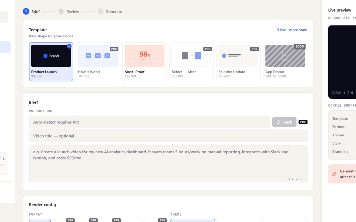 The ShipMotion editor: template picker, brief and live preview
