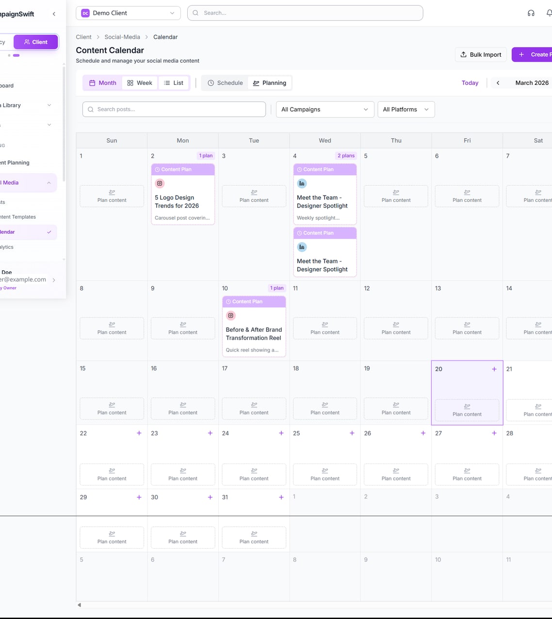 The CampaignSwift content calendar in planning mode, a month of scheduled posts across client accounts