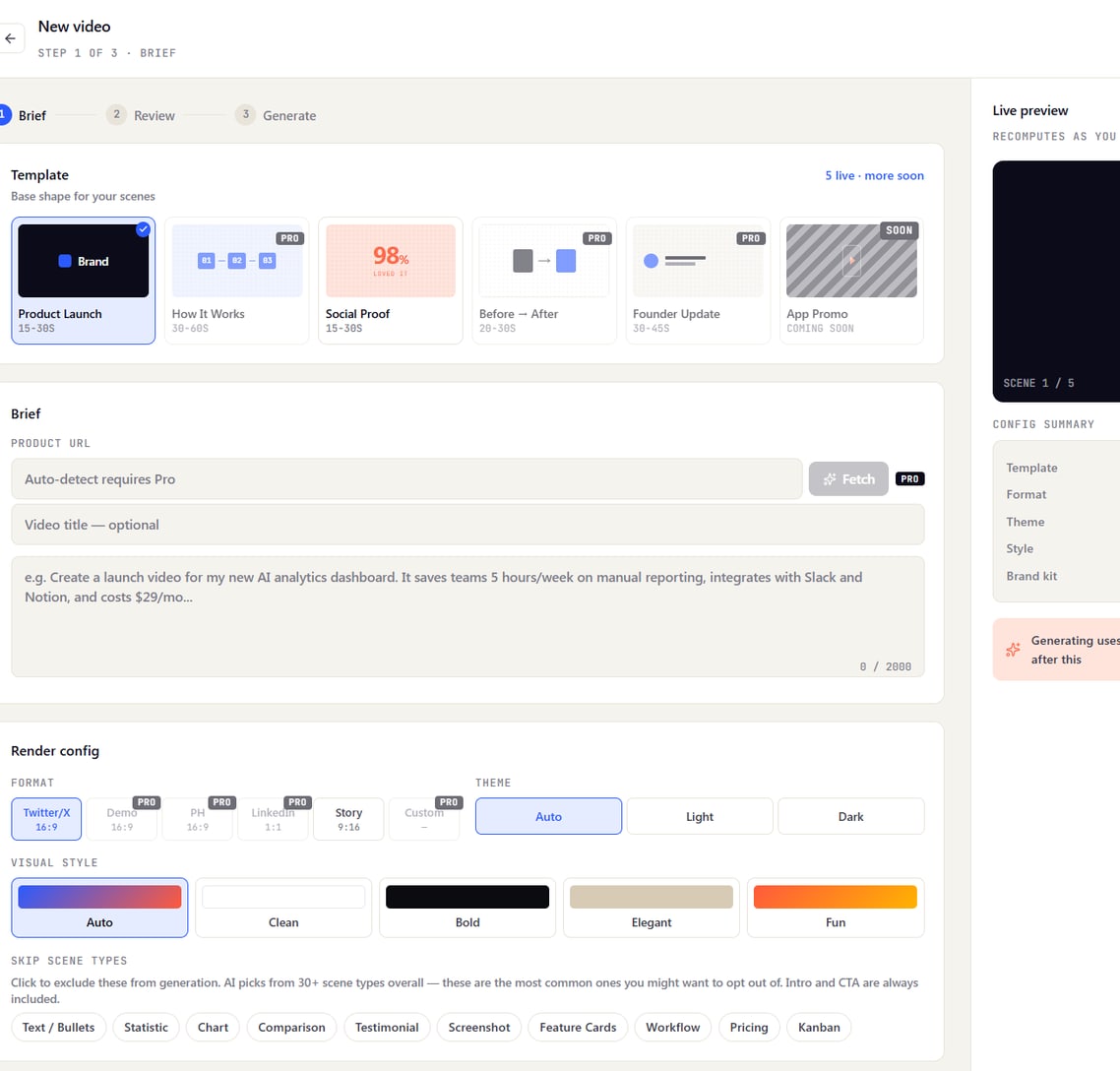 The ShipMotion editor: template picker, brief, live preview and render configuration